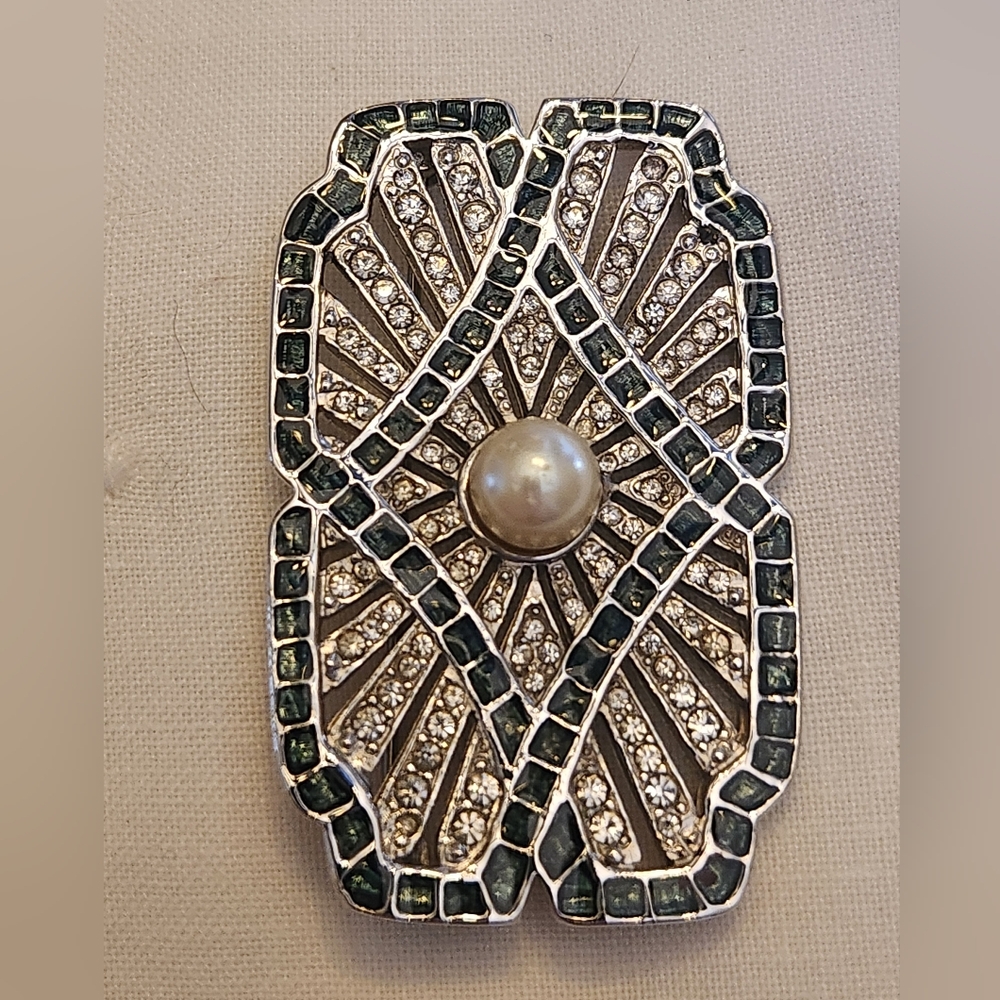 Art Deco 89 Vintage Brooch Pin Geometric Green Rhinestone Faux Pearl EUC Costume